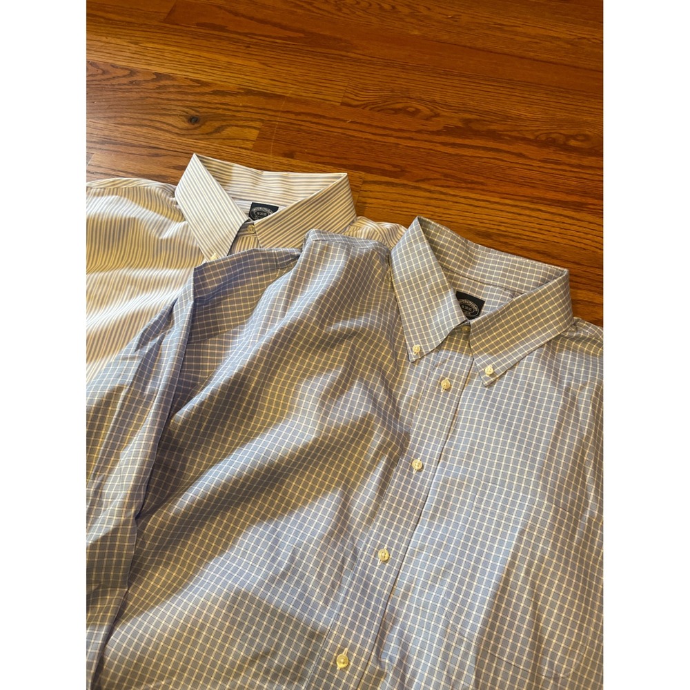 Brooks Brothers Mens Dress Shirts 19 34/35 Blue White Striped Plaid Bundle 2pk